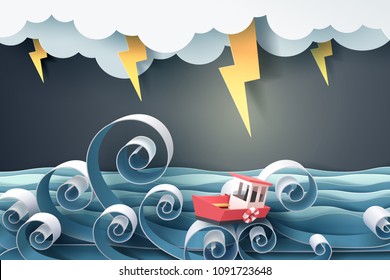 Paper Art Of Boat Against Crazy Sea And Thunderbolt In Storm, Vector Art And Illustration.