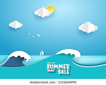 Paper art boat floating in sea with journey travel concept.