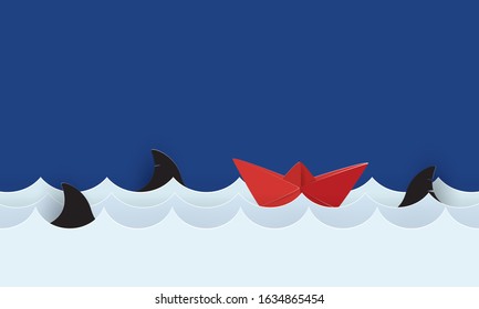 Paper art of paper boat sailing in the sea with sharks, Concept inspiration business