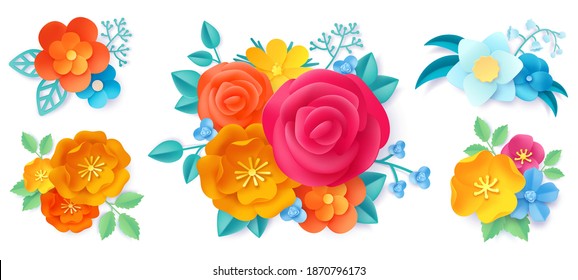 Paper art bouquets. Origami roses, wild flowers and leaves beautiful bridal bouquet. 3d nature decoration. Spring floral concept vector set. Bright bunch of flowers. Blossom for decoration