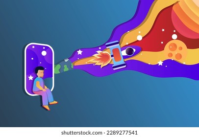 Paper art the boy dreaming spaceship up to the galaxy and son moon star design vector for background card letter infographic Banner