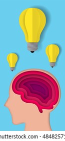 Paper art brain layer cut with idea lightbulb vector illustration