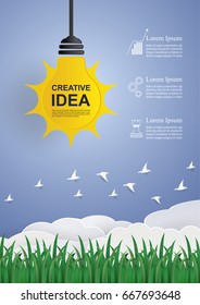 Paper art. bulb light idea concept to inspire creative innovation, fabrication, layout text design. vector illustration.