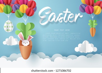 Paper art of Bunny in carrot and Easter eggs hang on colorful balloons, Happy Easter celebration concept, vector art and illustration.