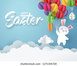 Paper art of Bunny, carrot and Easter eggs hang on colorful balloons, Happy Easter celebration concept, vector art and illustration.