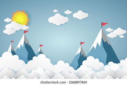 Paper art business concept with cloud and mountain , Plane flying on sky .design Vector