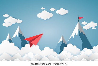 Paper art business concept with cloud and mountain , Plane flying on sky .design Vector