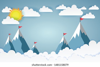 Paper art business concept with cloud and mountain , Plane flying on sky .design Vector