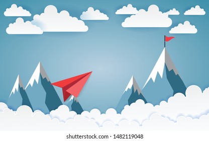 Paper art business concept with cloud and mountain , Plane flying on sky .design Vector