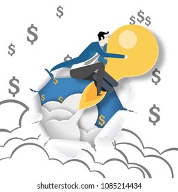 Paper art of business man riding  lightbulb   flying through paper of bitcoin hand drawing background , business concept.
