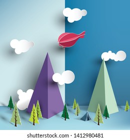 Paper art of camping between pines tree, summer camp on holiday adventure family, vector illustration