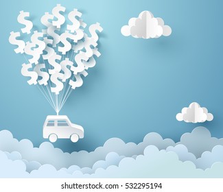 Paper art of car hanging with dollar sign balloon, finance and asset management concept, vector art and illustration.