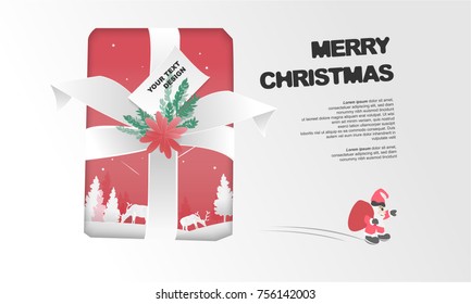paper art for card design in christmas day. have tree reindeer snow in gift box & santa. and space your creative content in happy new year. vector EPS10