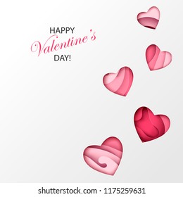 Paper art cartoon abstract hearts. Valentine's day paper carve background. Modern origami design template. 3d paper layers in shades of red