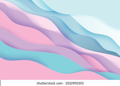 Paper art cartoon abstract waves. Paper carve background. Modern origami design template. Vector illustration. 3d paper layers