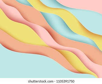Paper art cartoon abstract waves. Paper carve background. Modern origami design template. Vector illustration. 3d paper layers in pastel colors