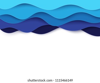 Paper art cartoon abstract waves. Paper carve background. Modern origami design template. Vector illustration. 3d paper layers, sea waves