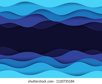 Paper art cartoon abstract waves. Paper carve background. Modern origami design template. Vector illustration. 3d paper layers, sea waves