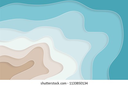 Paper art cartoon abstract waves, holes. Blue sea and beach summer background with paper waves and seacoast for banner, invitation, poster or web site design. Vector illustration.