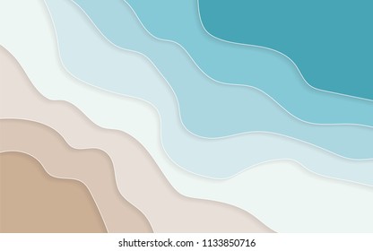 Paper art cartoon abstract waves, holes. Blue sea and beach summer background with paper waves and seacoast for banner, invitation, poster or web site design. Vector illustration.