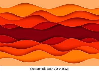 Paper art cartoon abstract waves. Autumn paper carve background. Modern origami design template. Vector illustration. 3d paper layers