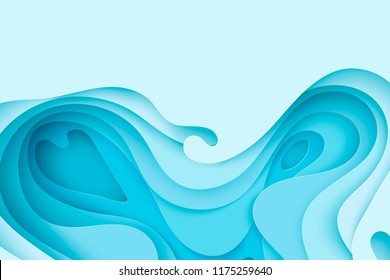 Paper art cartoon abstract waves, holes. Paper carve background. Modern origami design template. Vector illustration. 3d paper layers in pastel colors