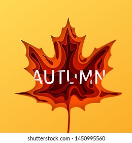 Paper art cartoon abstract waves. Autumn paper carve background. The maple leaf which is cut out from paper. Modern origami design template. Vector illustration.