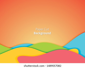Paper art cartoon abstract waves. Paper carve background. Modern origami design template. Vector illustration. 3d paper layers