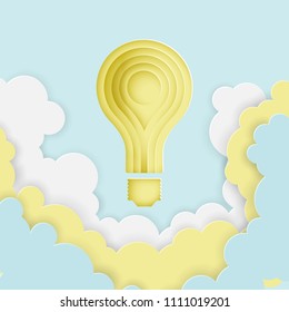 Paper art cartoon light bulb like a sun in blue sky with paper cluods. Realistic origami design template. Inspiration and idea concept. Modern deep paper cut style. Pastel colors
