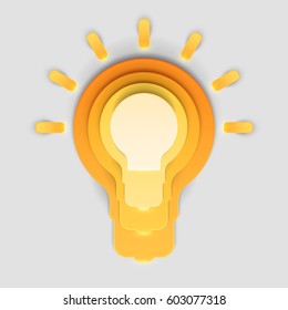 Paper art cartoon light bulb in realistic trendy craft style. Modern origami design template. Concept inspiration or idea for your projects. Vector illustration.