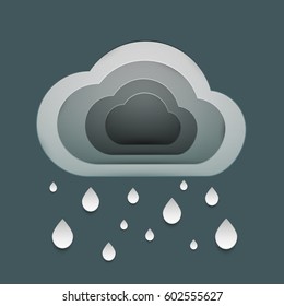 Paper art cartoon rain clouds in realistic trendy craft style. Modern origami design template. Concept inspiration or idea for your projects. Vector illustration.