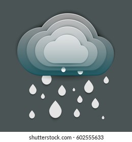 Paper art cartoon rain clouds in realistic trendy craft style. Modern origami design template. Concept inspiration or idea for your projects. Vector illustration.