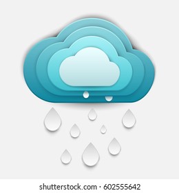 Paper art cartoon rain clouds in realistic trendy craft style. Modern origami design template. Concept inspiration or idea for your projects. Vector illustration.