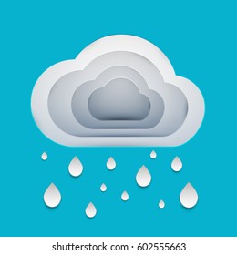 Paper art cartoon rain clouds in realistic trendy craft style. Modern origami design template. Concept inspiration or idea for your projects. Vector illustration.