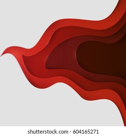 Paper art cartoon red abstract waves in realistic trendy craft style. Modern origami design template. Concept inspiration or idea for your projects. Vector illustration.