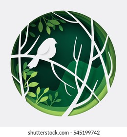 Paper Art Carve To Bird On Tree Branch In Forest At Night, Origami Concept Nature And Animals Idea, Vector Art And Illustration.