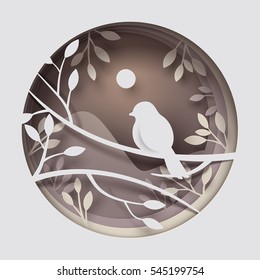 Paper art carve to bird on tree branch in forest at night, origami concept nature and animals idea, vector art and illustration.