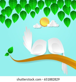 Paper art carve to bird on tree branch in forest, origami concept nature and animals idea, vector art and illustration.
