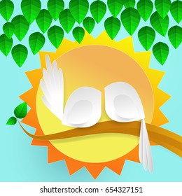 Paper art carve to bird on tree branch in forest, origami concept nature and animals idea, vector art and illustration.