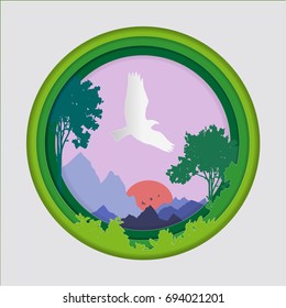 Paper art carve of bird on sky in forest background, Origami concept nature and animals idea, Symbol of abundance of nature.