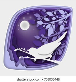 Paper art carve to bird on tree branch in forest at night, origami concept nature and animals idea, vector art and illustration.