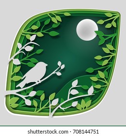Paper art carve to bird on tree branch in forest at night, origami concept nature and animals idea, vector art and illustration.