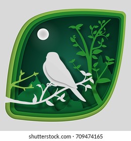 Paper art carve to bird on tree branch in forest at night, origami concept nature and animals idea, vector art and illustration.