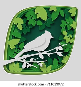 Paper art carve to bird on tree branch in forest at night, origami concept nature and animals idea, vector art and illustration.