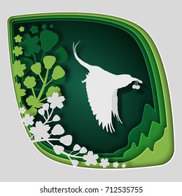 Paper art carve to bird on tree branch in forest at night, origami concept nature and animals idea, vector art and illustration.