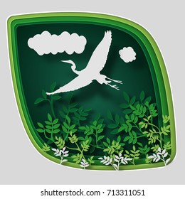 Paper art carve to bird on tree branch in forest at night, origami concept nature and animals idea, vector art and illustration.