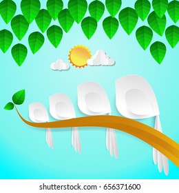 Paper art carve to birds on tree branch in forest, origami concept nature and animals idea, vector art and illustration.