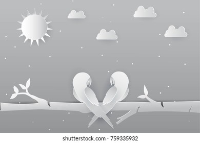 paper art carve of birds and tree in grey vector
