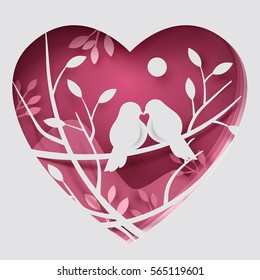 Paper art carve to couple birds on tree branch in forest, origami concept and Valentine's day idea, vector art and illustration.