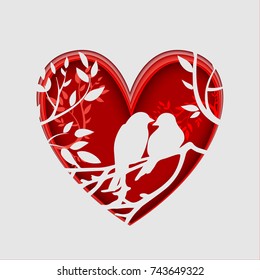Paper art carve to couple birds on tree branch in heart shape, origami concept. Valentine's day vector illustration